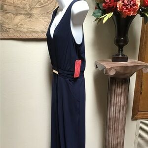 Beautiful dark navy blue jumpsuit, large, sleeveless, gold band on waist, NWT